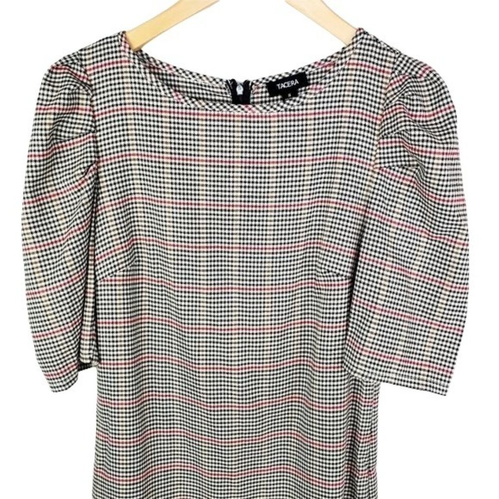 Tacera Herringbone puff sleeves dress Small Cream Pencil Red plaid - Picture 3 of 9